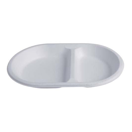 White 2 compartment snack plate made from sugarcane bagasse