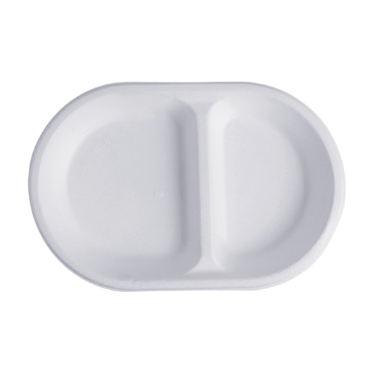 White 2 compartment snack plate made from sugarcane bagasse