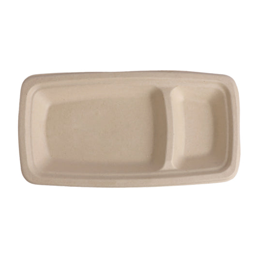 Beige 2 compartment snack plate made from sugarcane bagasse