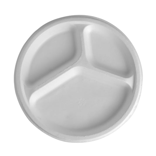 9 inch 3 compartment round plate made from sugarcane bagasse