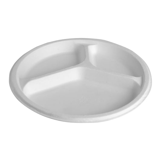 9 inch 3 compartment round plate made from sugarcane bagasse