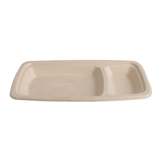 Beige 2 compartment snack plate made from sugarcane bagasse