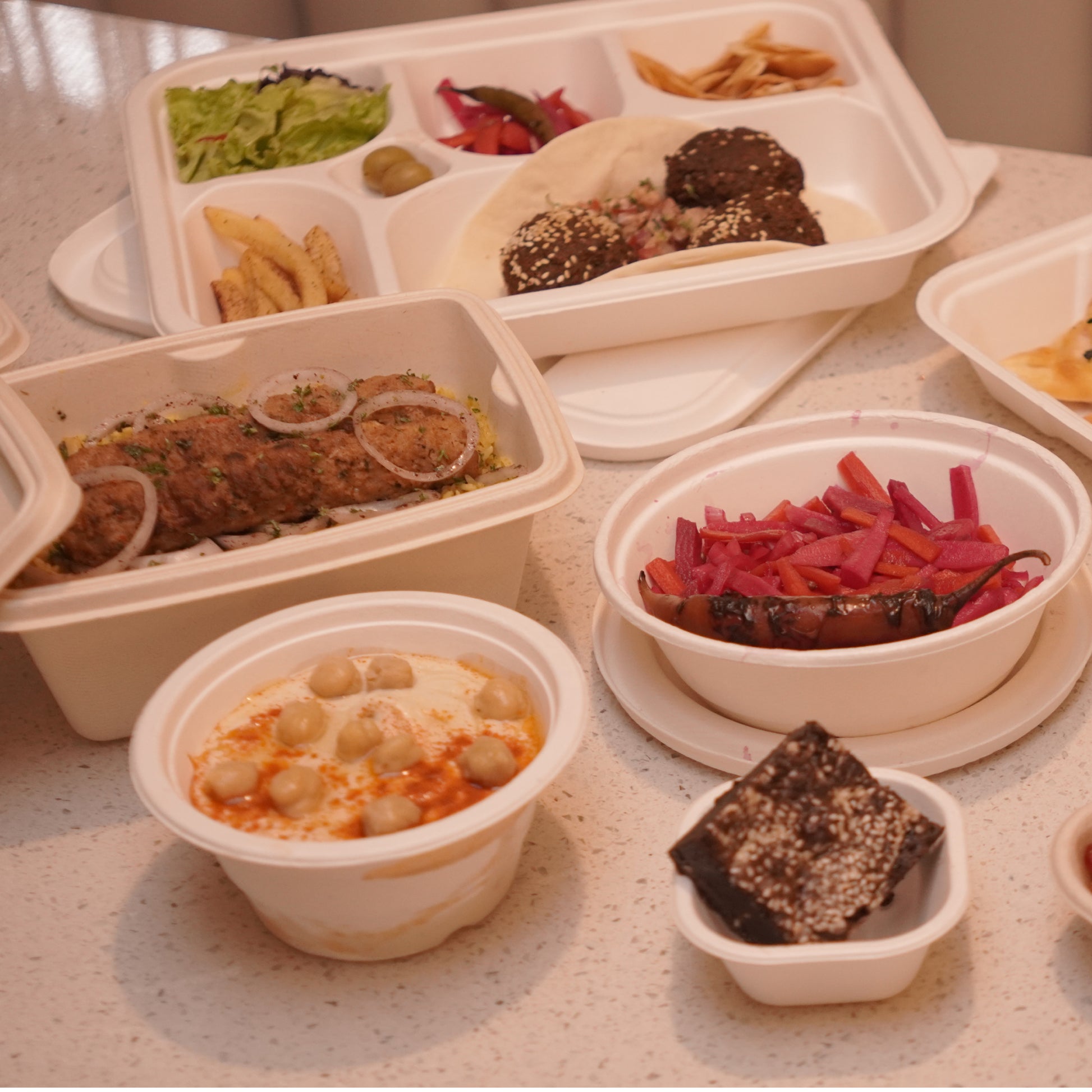 Eco-friendly disposable tableware sample kit with plates, cups, and cutlery