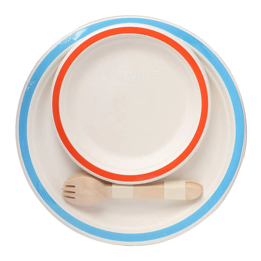 Taarey: Combo Pack of Multi Colour Large Plate, Small Plate and Wooden Spork